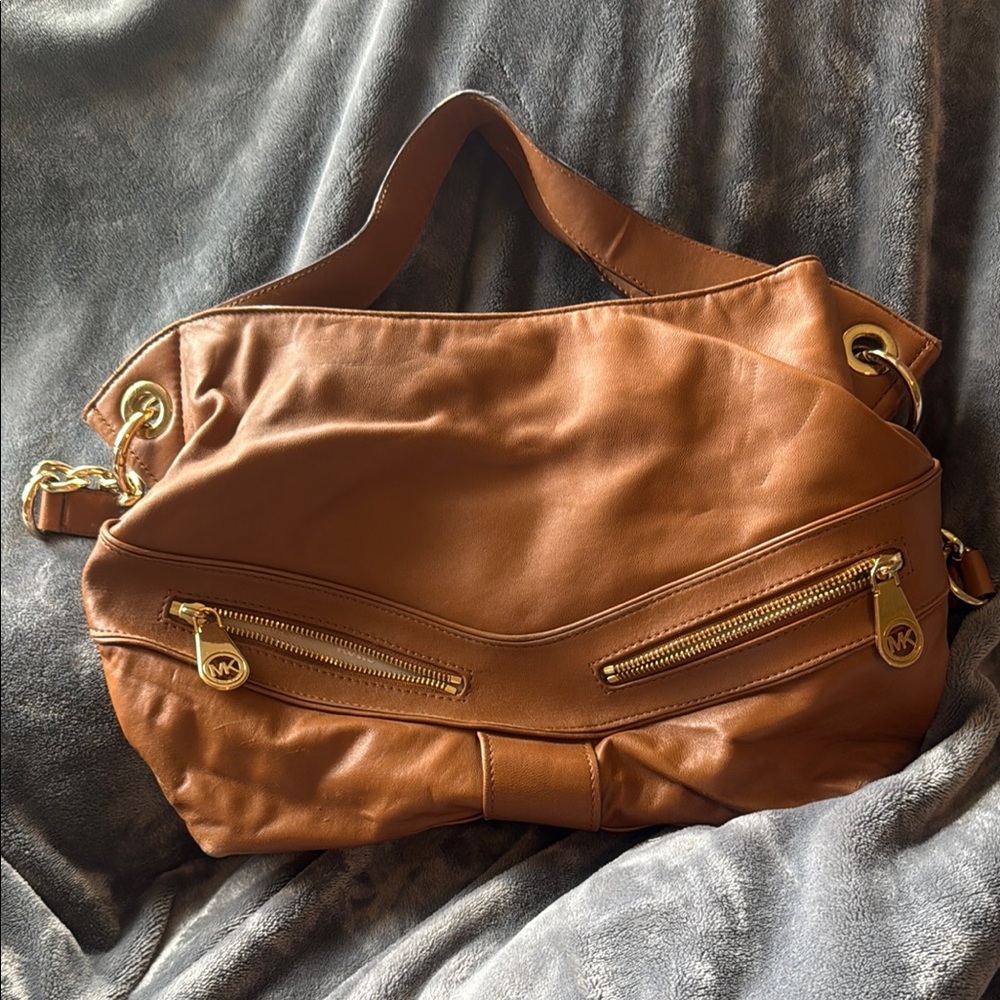 Michael Kors Brown and Gold Shoulder Bag with Structured Design